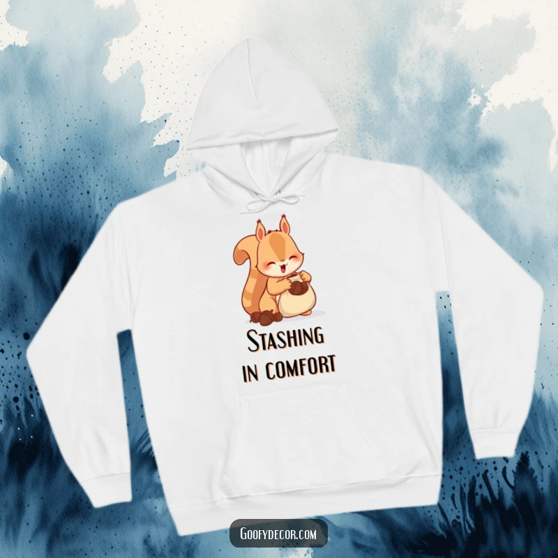 Funny Squirrel Hoodie featuring a happy squirrel stuffing acorns into a bag, perfect for cozy preparations and witty charm.