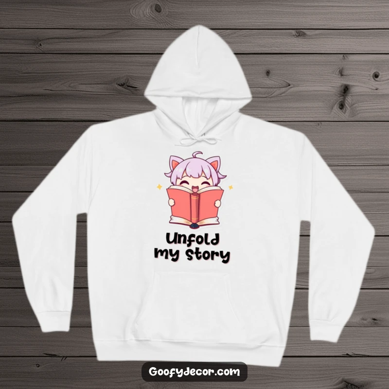 Funny hoodie showing a cute book character revealing a secret by opening its pages, designed for comfort and laughs.