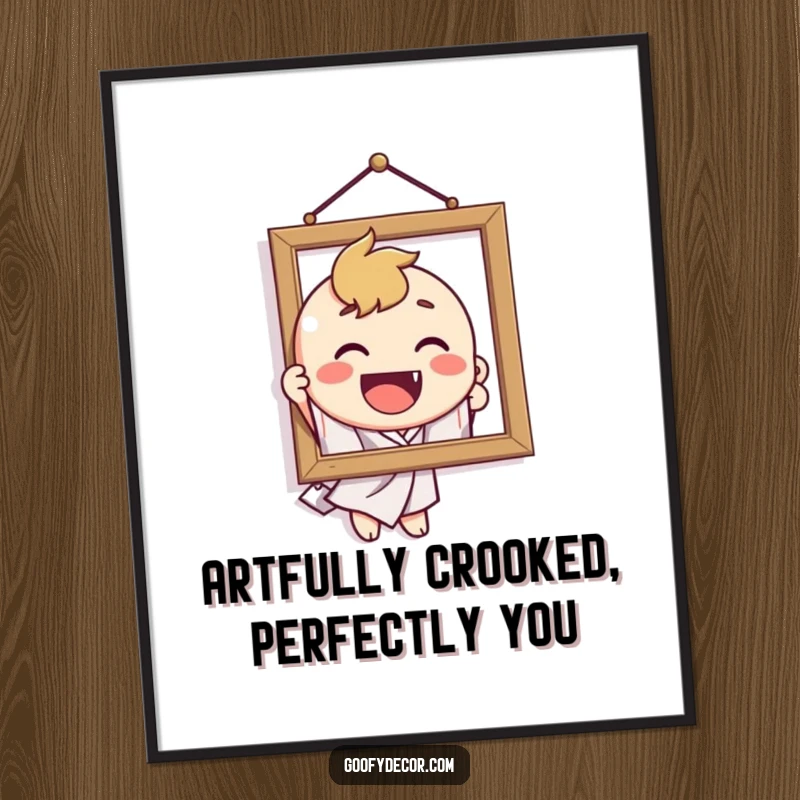 Funny Free Printable Wall Art: Character attempting to hang a crooked picture, hilarious DIY decor.