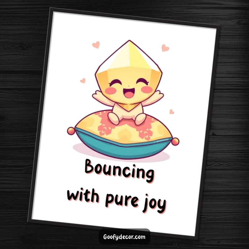 Funny Free Printable Wall Art: A giggling gem character bouncing playfully on a colorful cushion, radiating pure delight.