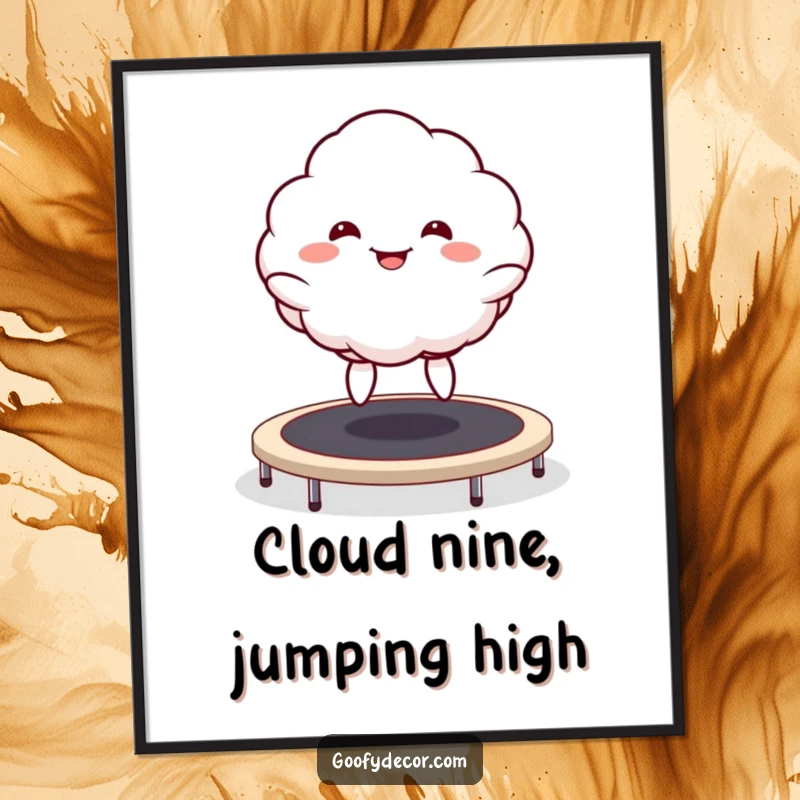 Funny free printable wall art: A kawaii cloud with a goofy grin mid-bounce on a trampoline, adding cheerful energy.