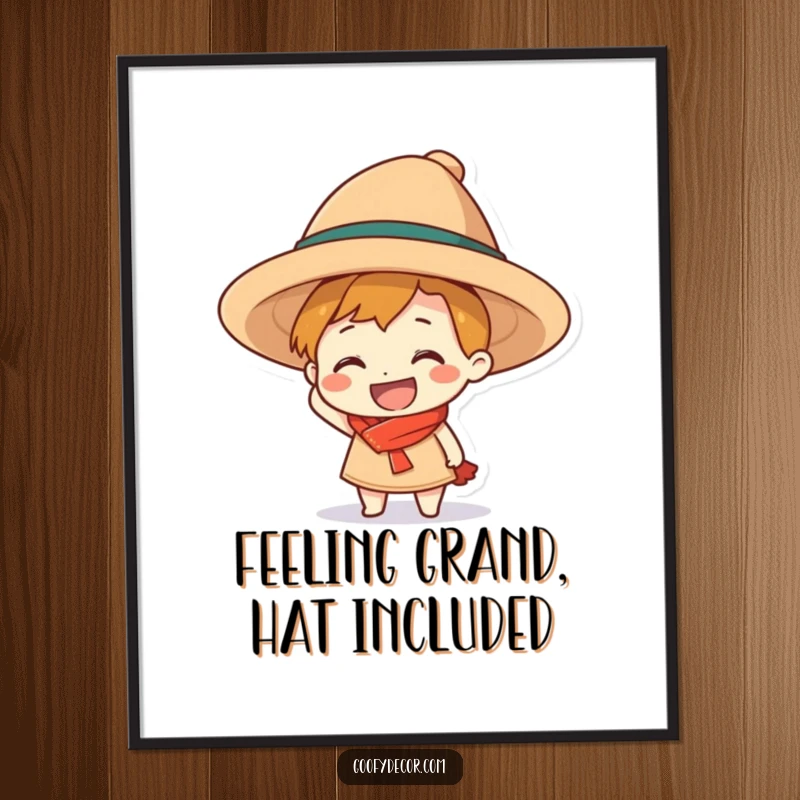 Funny Free Printable Wall Art: a grinning character comically attempting to wear an excessively large hat, a funny downloadable decor piece.