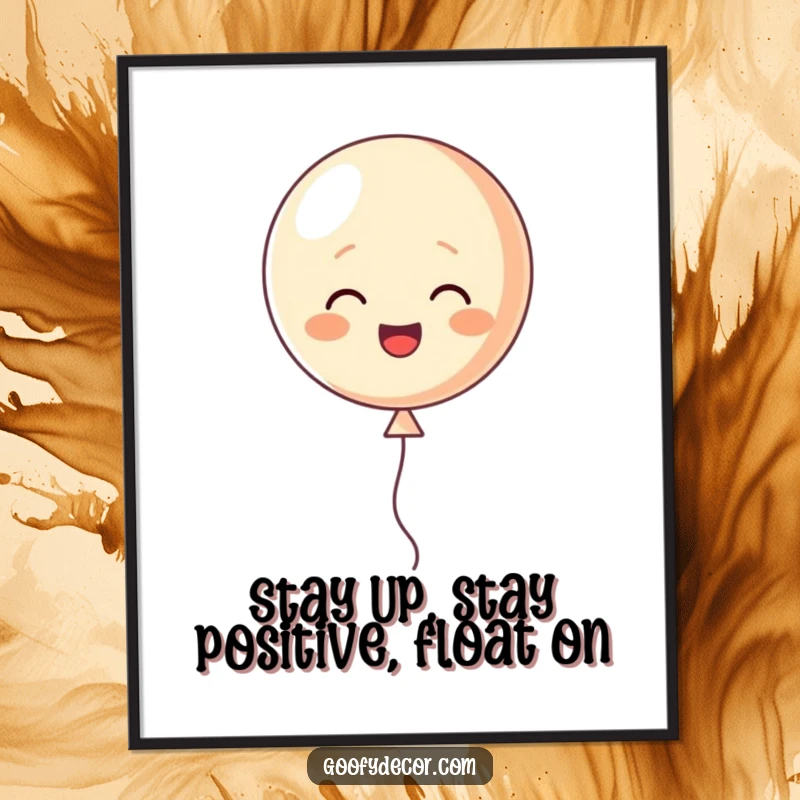 Funny Free Printable Wall Art featuring a happy balloon character floating cheerfully upwards, adding a touch of whimsy.