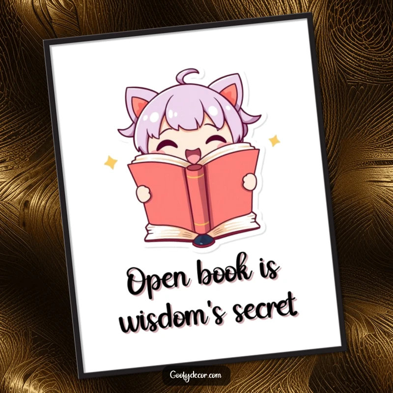 Funny Free Printable Wall Art showing a cute book character excitedly opening pages to reveal a humorous secret surprise.
