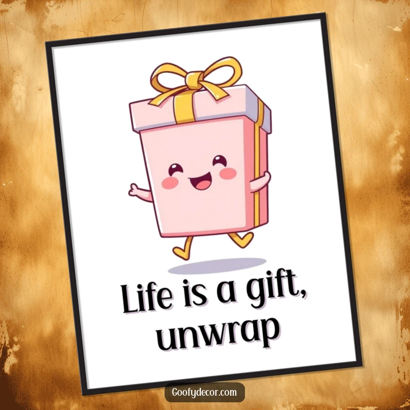 Funny Free Printable Wall Art: A kawaii smiling gift box is caught mid-skip, radiating infectious happiness and celebration.
