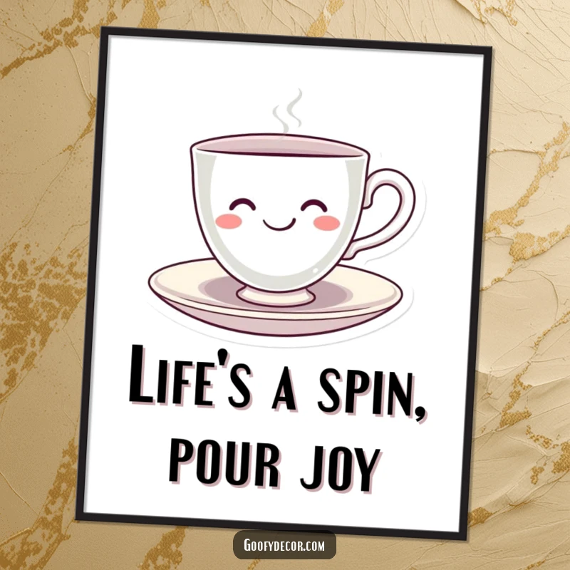 Funny free printable wall art: A kawaii teacup character with a wide grin happily spinning on its saucer.