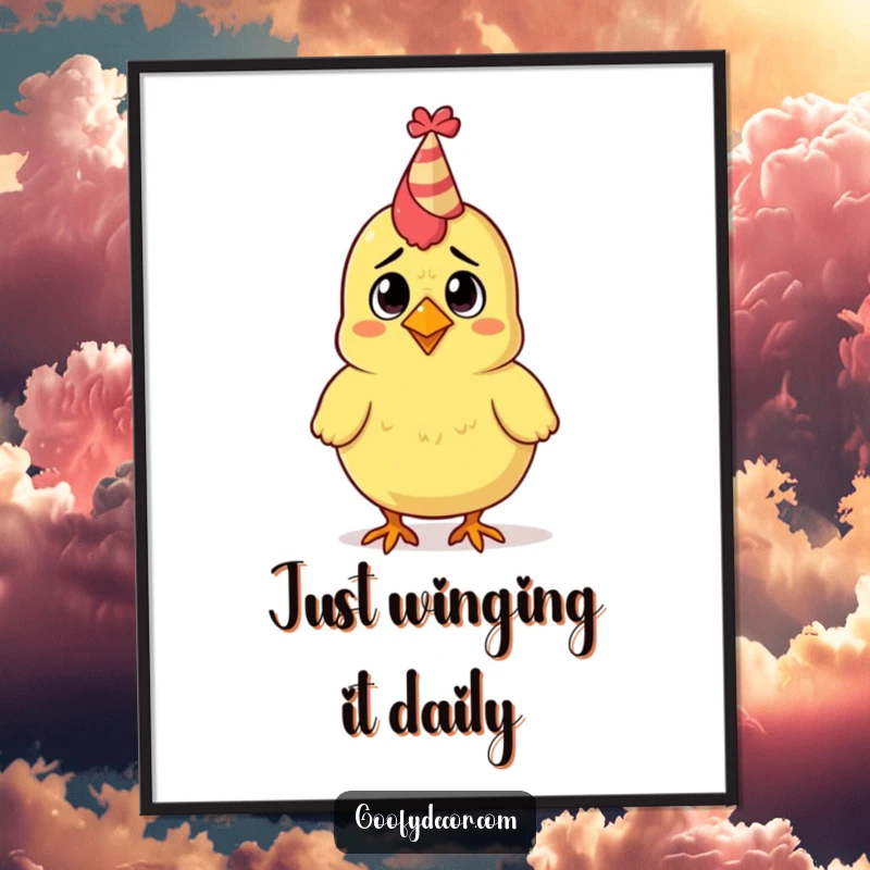 Funny Free Printable Wall Art: Confused rubber chicken in a tiny party hat, looking utterly baffled. Quirky, hilarious downloadable decor.