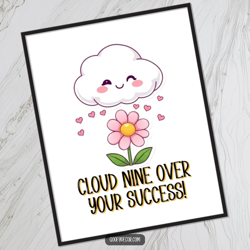 Funny Free Printable Wall Art: A smiling cloud character playfully showers tiny red hearts onto a happy, blooming flower.