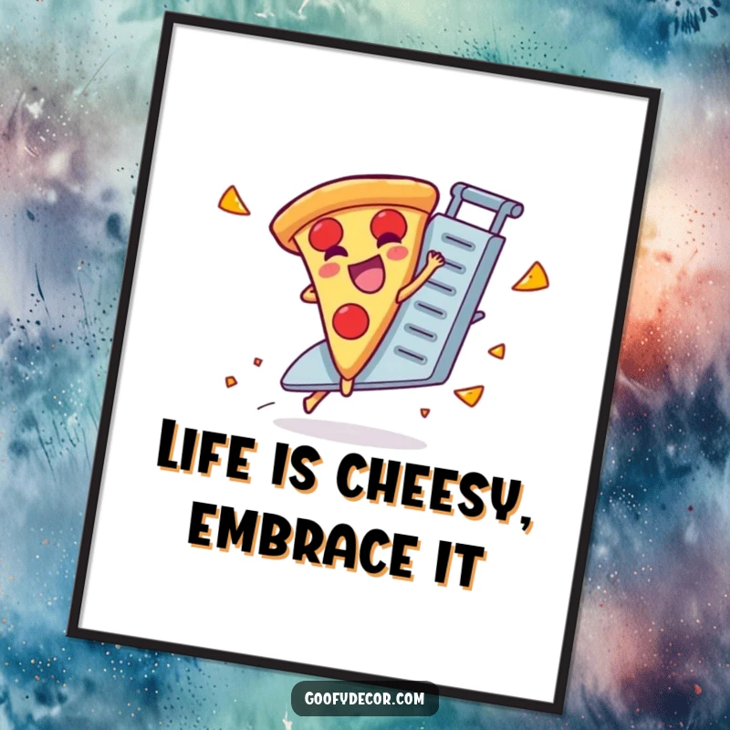 Funny Free Printable Wall Art: Giggling pizza slice joyfully riding a runaway cheese grater. A chaotic and hilarious downloadable decor.