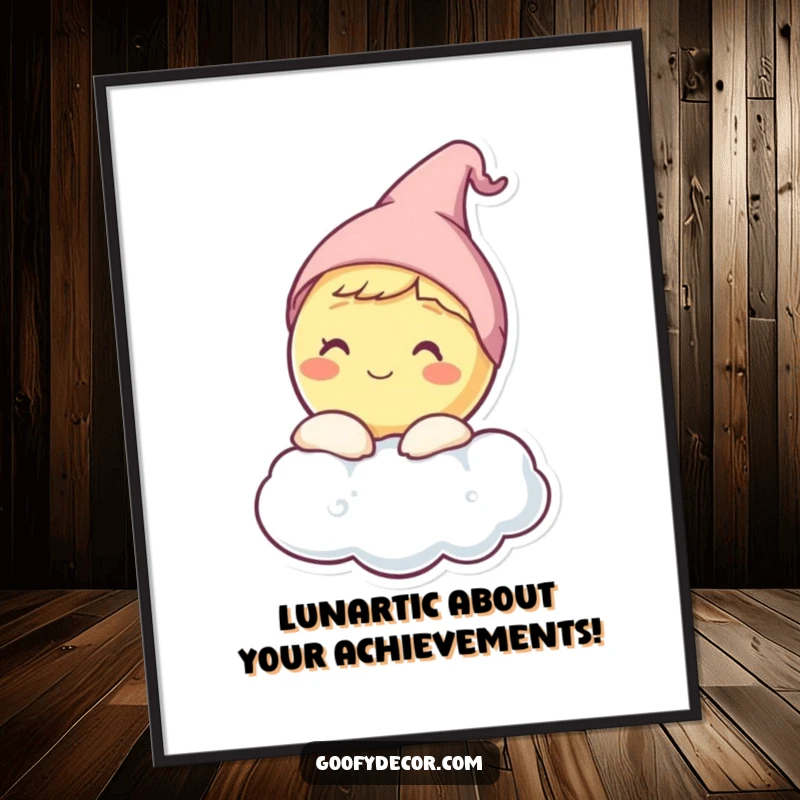 Funny Free Printable Wall Art: A happy moon character in a tiny sleeping cap peeks from behind a whimsical cloud.