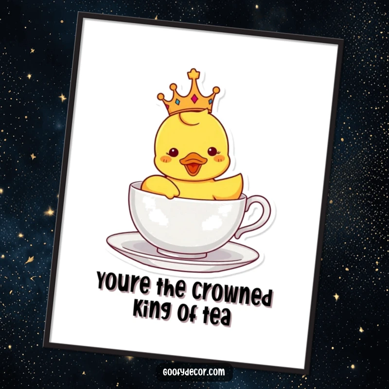 Funny free printable wall art: Delighted rubber ducky wearing a crown, sailing regally in a teacup, adding whimsical charm.