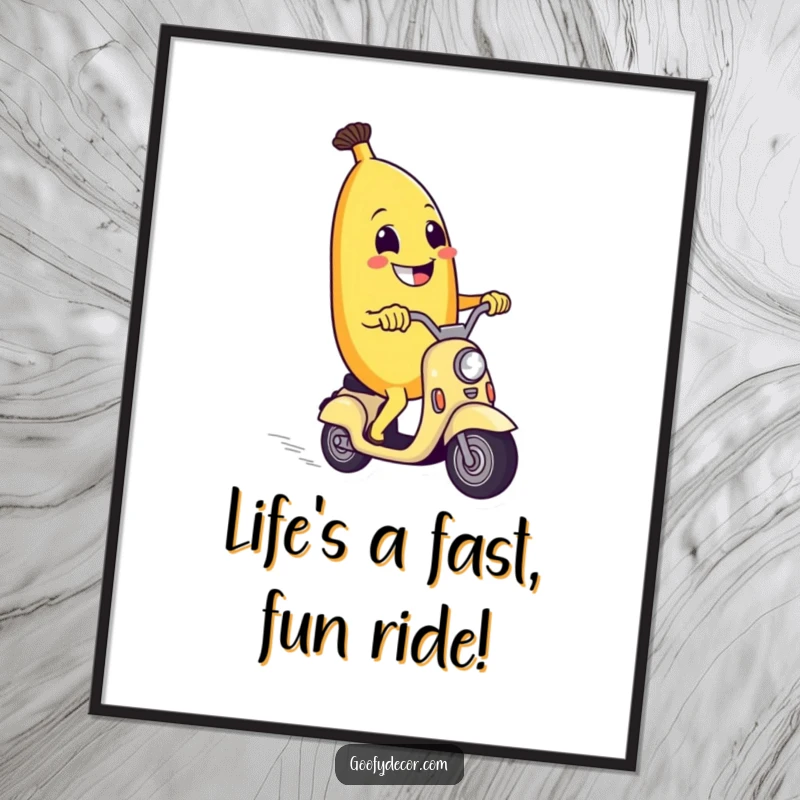 Funny free printable wall art depicting a grinning banana character gleefully riding a miniature, zooming scooter, adding whimsy.