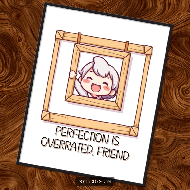 Funny Free Printable Wall Art captures a character's delight while hanging a hilariously crooked picture frame.