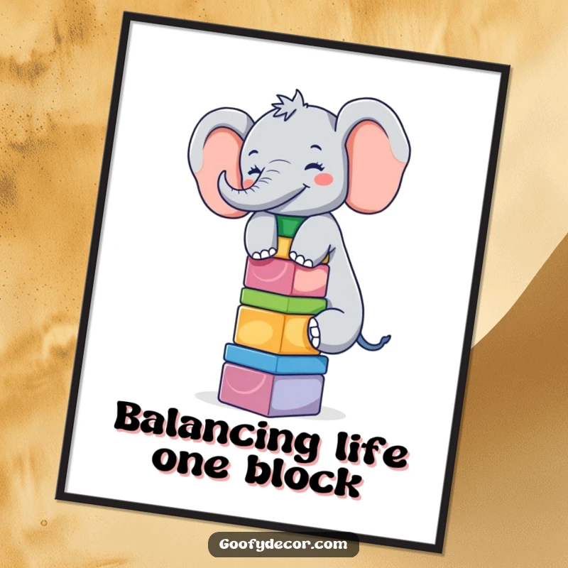 Funny Free Printable Wall Art: A giggling elephant character expertly balancing a vibrant stack of colorful blocks, bringing fun to any space.