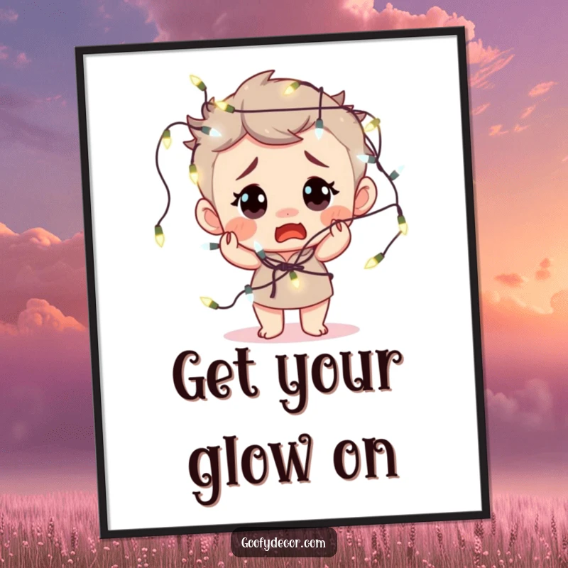 Funny Free Printable Wall Art: Character bewildered and tangled in fairy lights, hilarious DIY decor.