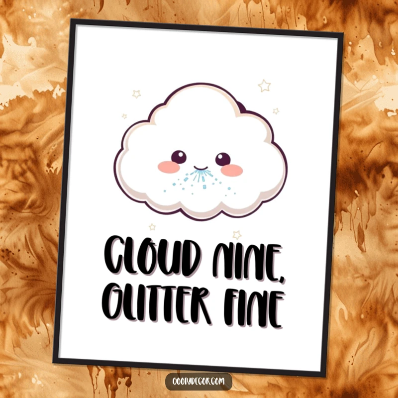 Funny Free Printable Wall Art: An adorable kawaii cloud character lets out a sneeze, releasing a magical cascade of glitter.