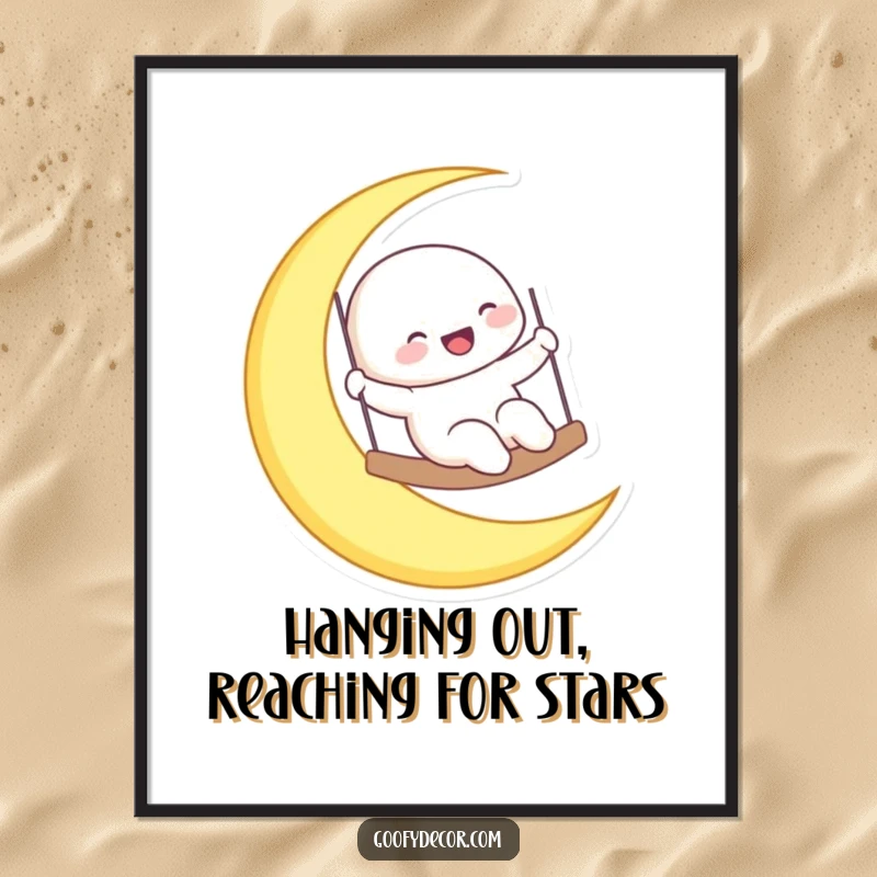 Funny free printable wall art depicting a gleeful moon character enjoying a swing on a crescent moon against a beautiful starry night.
