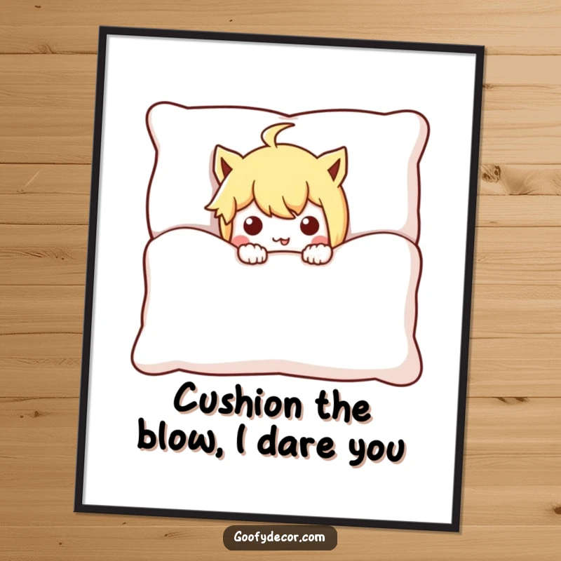 Funny Free Printable Wall Art: a mischievous character stealthily peeking from behind a large cushion, adding a humorous touch to decor.