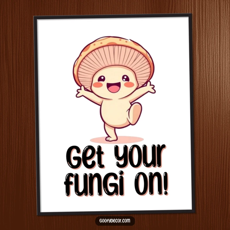 Funny free printable wall art of a smiling mushroom character energetically doing a cartwheel, adding dynamism and humor.
