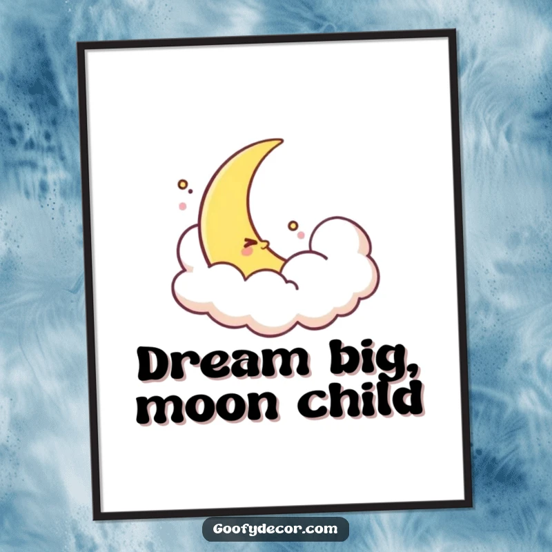 Gentle Free Printable Wall Art: A shy crescent moon character peeks out from behind a soft, fluffy cloud.