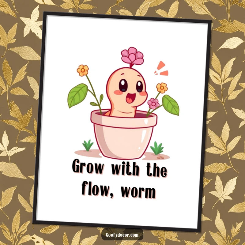 Funny Free Printable Wall Art of a cheerful worm character popping out of a flower pot with a wide-eyed, surprised gasp.