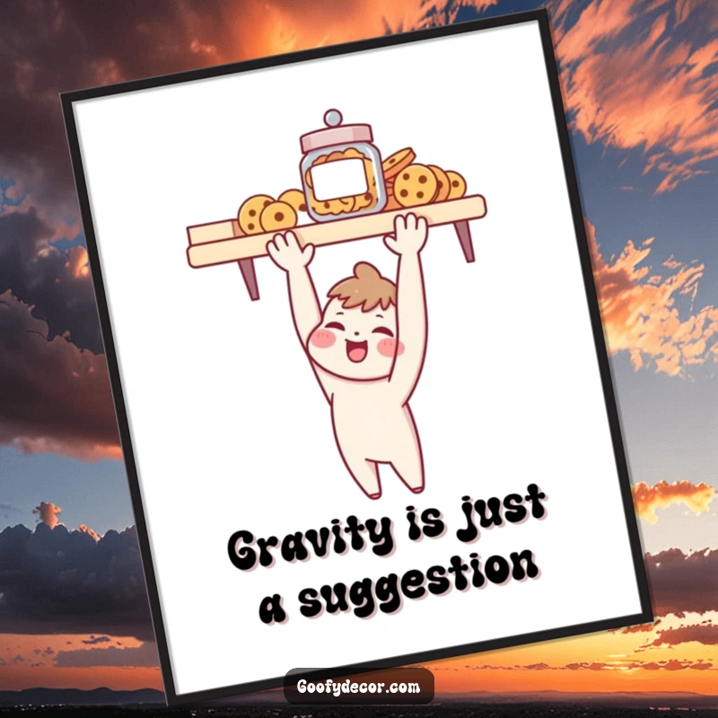 Funny Free Printable Wall Art: Character reaching excitedly for a cookie jar on a high shelf, a relatable and humorous scene.