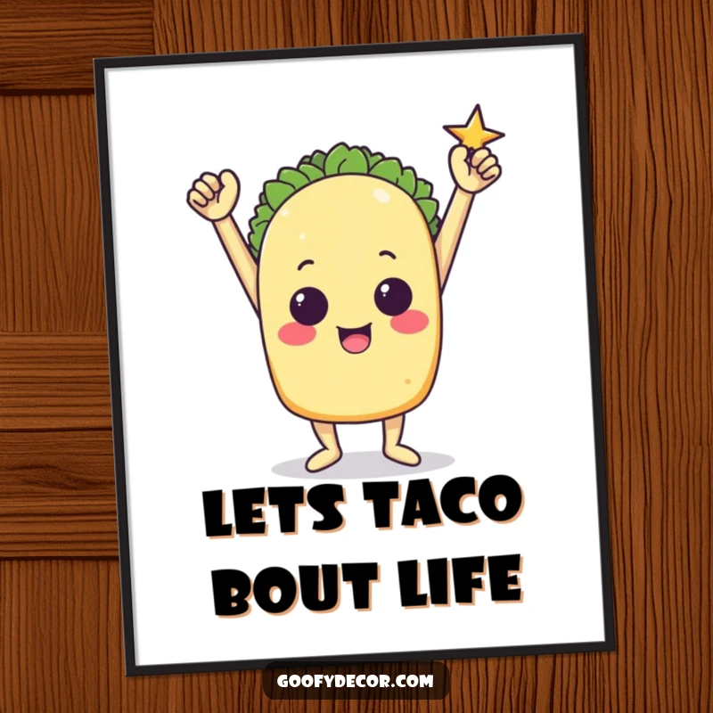 Funny Free Printable Wall Art: Triumphant taco character striking a powerful victory pose. Bold, funny, downloadable decor.