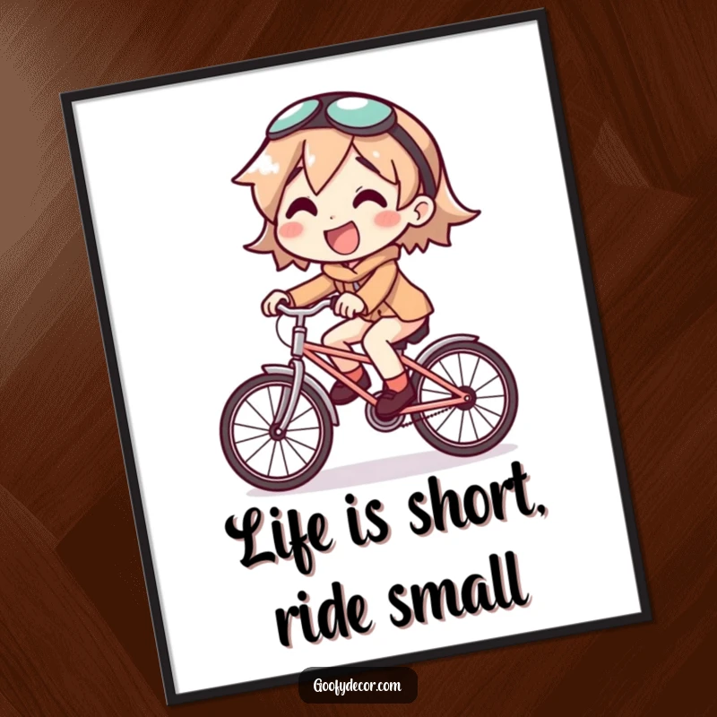 Funny Free Printable Wall Art: Character joyfully riding a comically small bicycle, hilarious DIY decor.