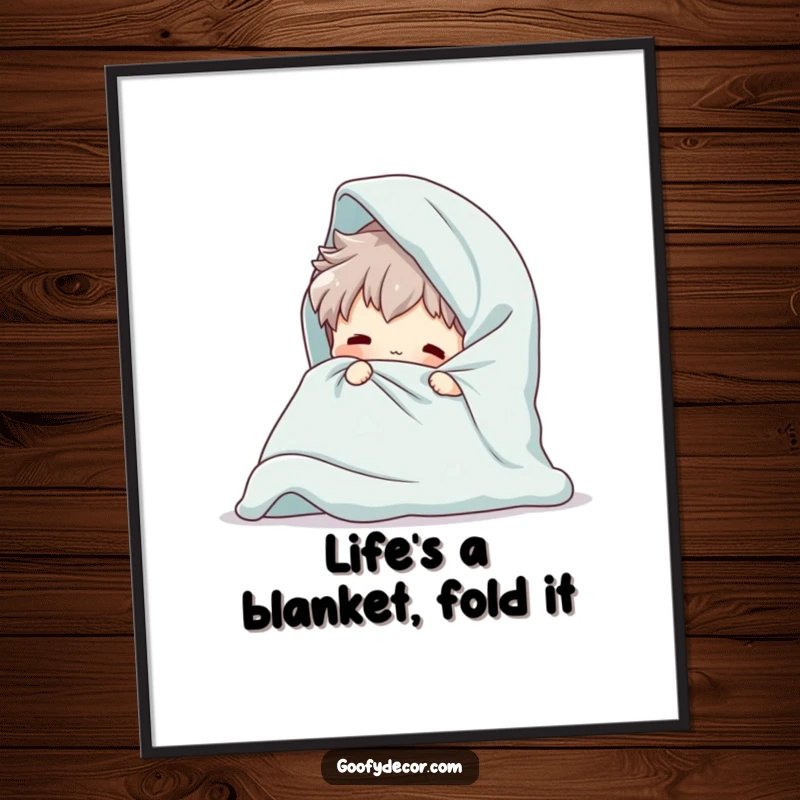 Funny Free Printable Wall Art shows a playful character comically overwhelmed by trying to fold an enormous blanket.