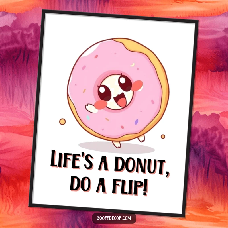 Funny Free Printable Wall Art: A kawaii donut with big eyes joyfully attempts a somersault, adding playful charm.