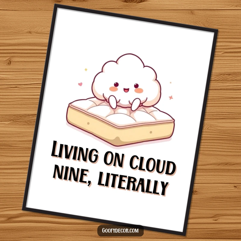 Funny Free Printable Wall Art: Giddy cloud character energetically bouncing on a soft, fluffy mattress.