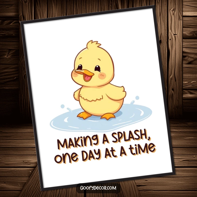 Funny Free Printable Wall Art: A cute duckling joyfully splashing in a puddle, creating a cheerful atmosphere.
