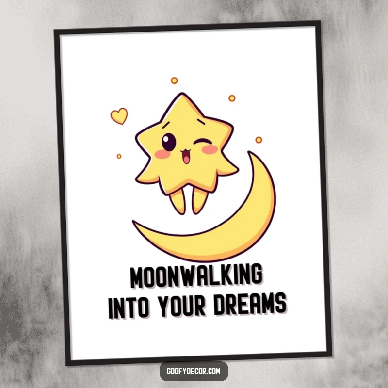 Funny free printable wall art featuring a surprised star character playfully winking while balancing on a crescent moon.