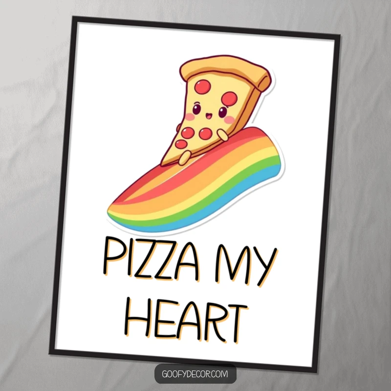 Funny Free Printable Wall Art: A kawaii pizza character gleefully slides down a vibrant rainbow on a slice of itself.