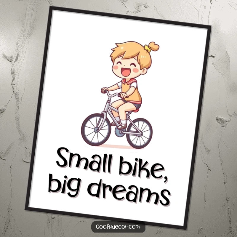 Funny Free Printable Wall Art depicts a joyful character pedaling a tiny, comically small bicycle with a big smile.