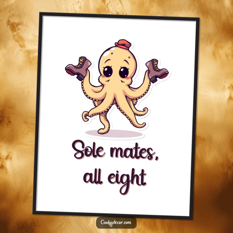 Funny free printable wall art of a goofy octopus juggling three very different and mismatched boots.