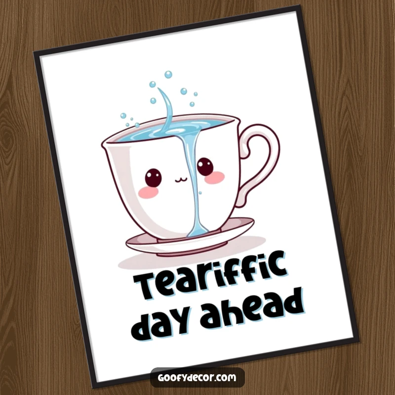 Funny Free Printable Teacup Wall Art: A playful teacup character pouring a stream of sparkling water, adding bubbly charm.