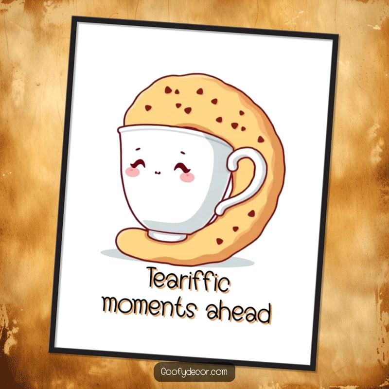 Funny Free Printable Wall Art: Shy teacup character hiding shyly behind a giant biscuit. Cozy, charming, downloadable decor.