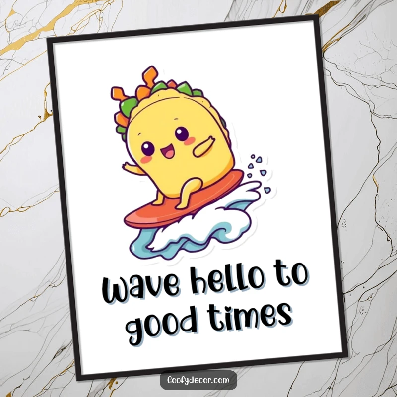 Funny Free Printable Wall Art: A cheerful, kawaii taco character expertly surfing a tiny, sparkling ocean wave with enthusiasm.
