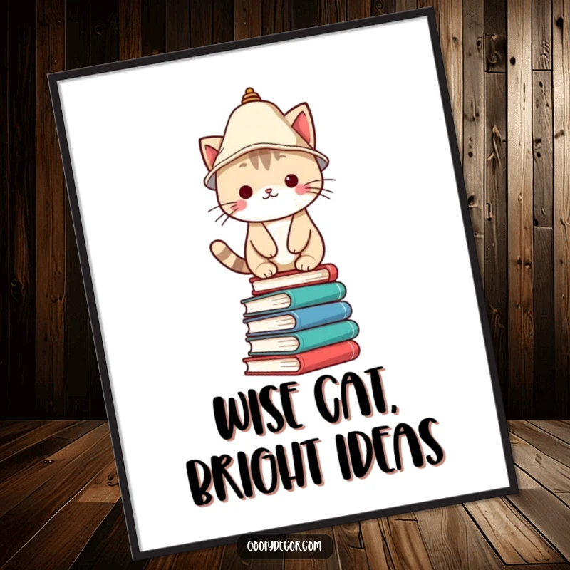 Funny Free Printable Wall Art of a cute Kawaii cat wearing a lampshade hat, skillfully balancing on a tall stack of books.