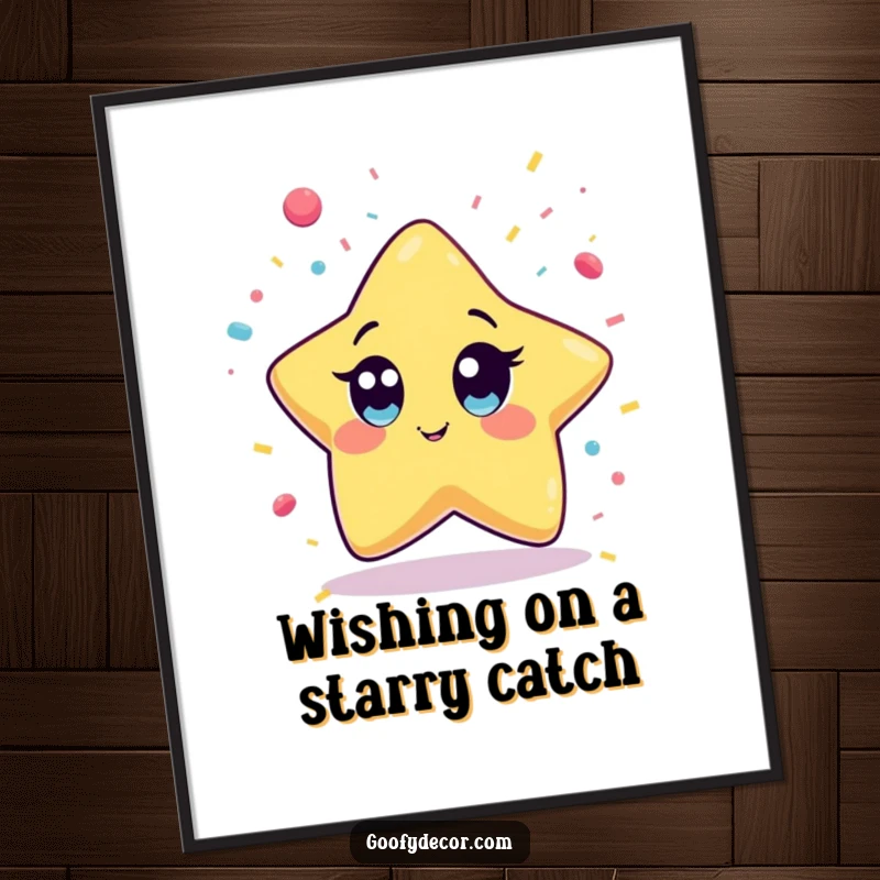 Funny free printable wall art: A kawaii star with wide eyes actively chasing and trying to catch falling confetti.