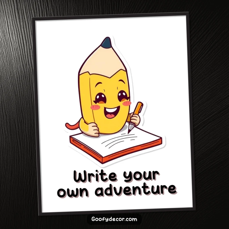 Funny Free Printable Wall Art: A kawaii mischievous pencil character grins widely while scribbling playfully on a notepad.