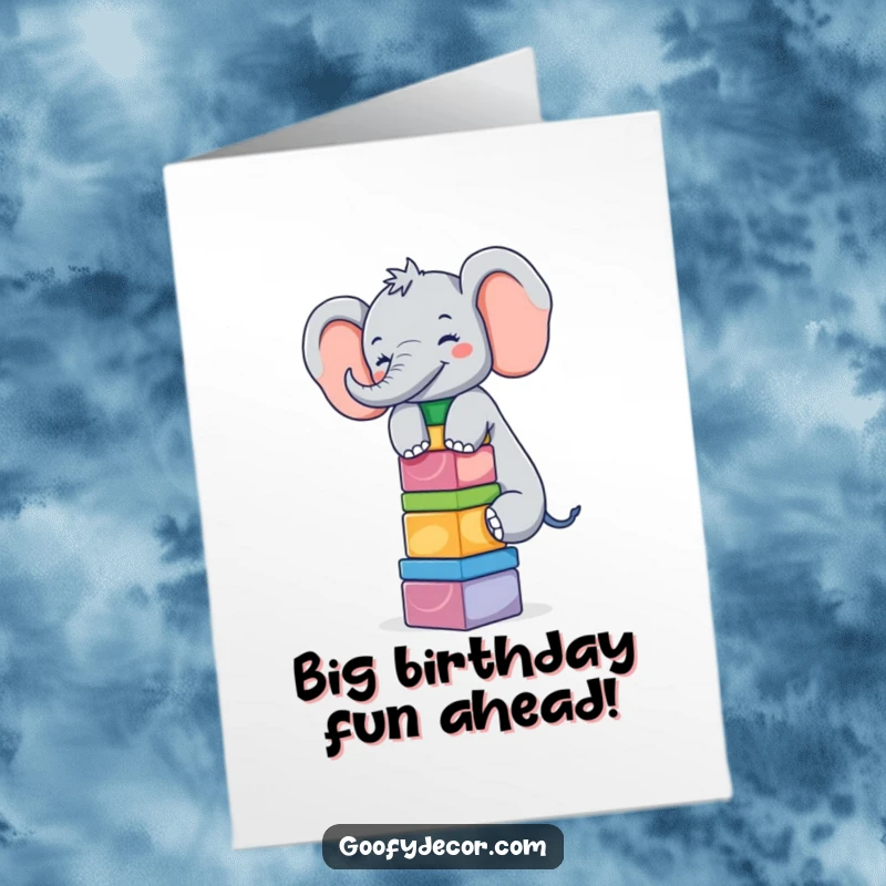 Funny Free Printable Birthday Card: A giggling elephant character joyfully balancing a tall stack of colorful building blocks.