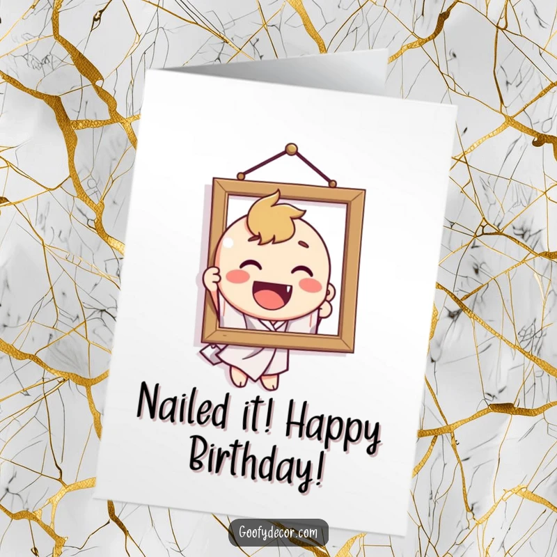 Funny Free Printable Birthday Card: Character happily hangs a crooked picture, a delightful DIY gift.