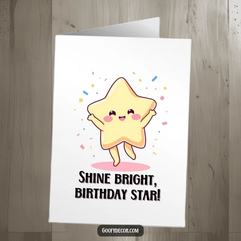Free Printable Birthday Card: A radiant kawaii star character joyfully dances amidst a shower of colorful confetti.