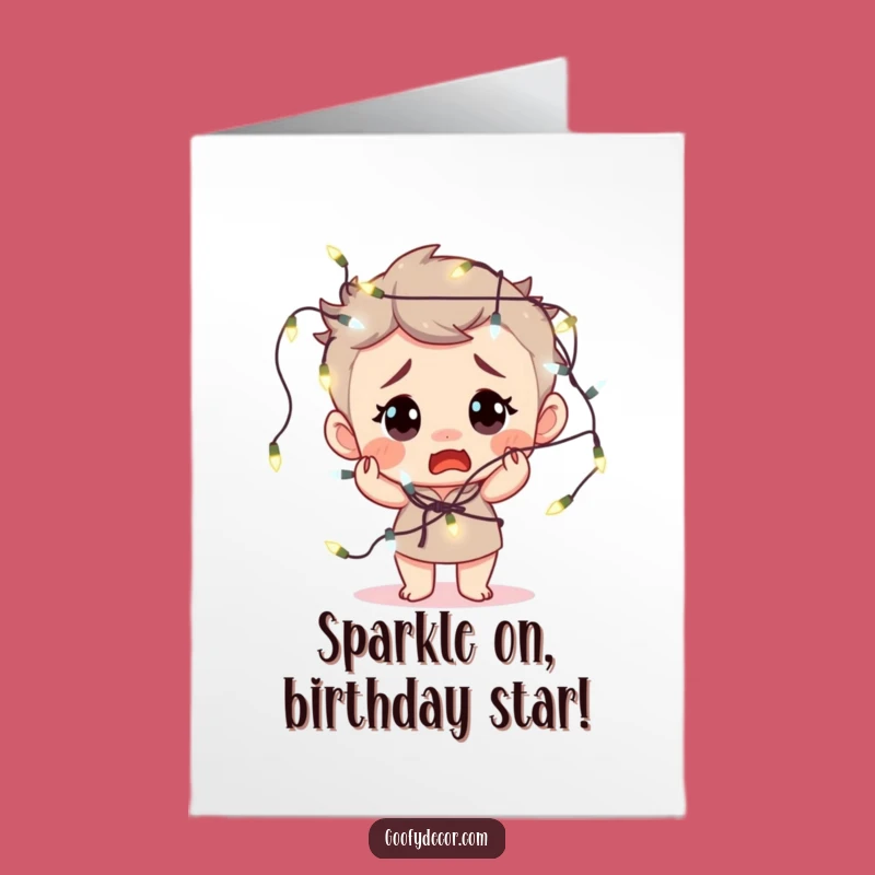 Free Printable Birthday Card: Fairy Light Fiasco! Funny Downloadable Gift for Bright Celebrations