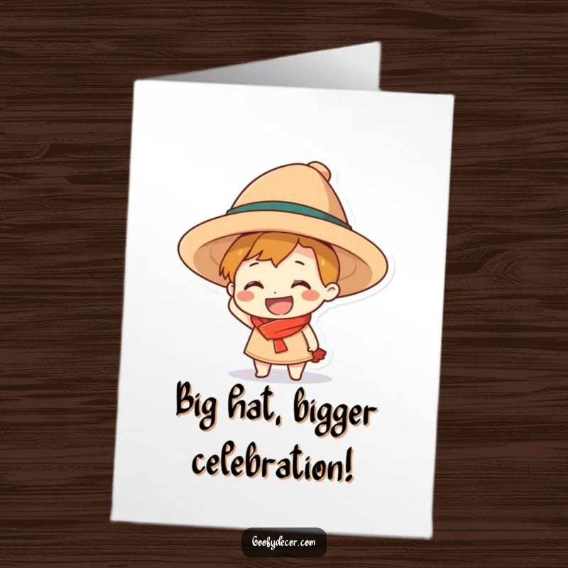 Funny Free Printable Birthday Card: grinning character hilariously struggling to wear an oversized hat, celebrating with a laugh.