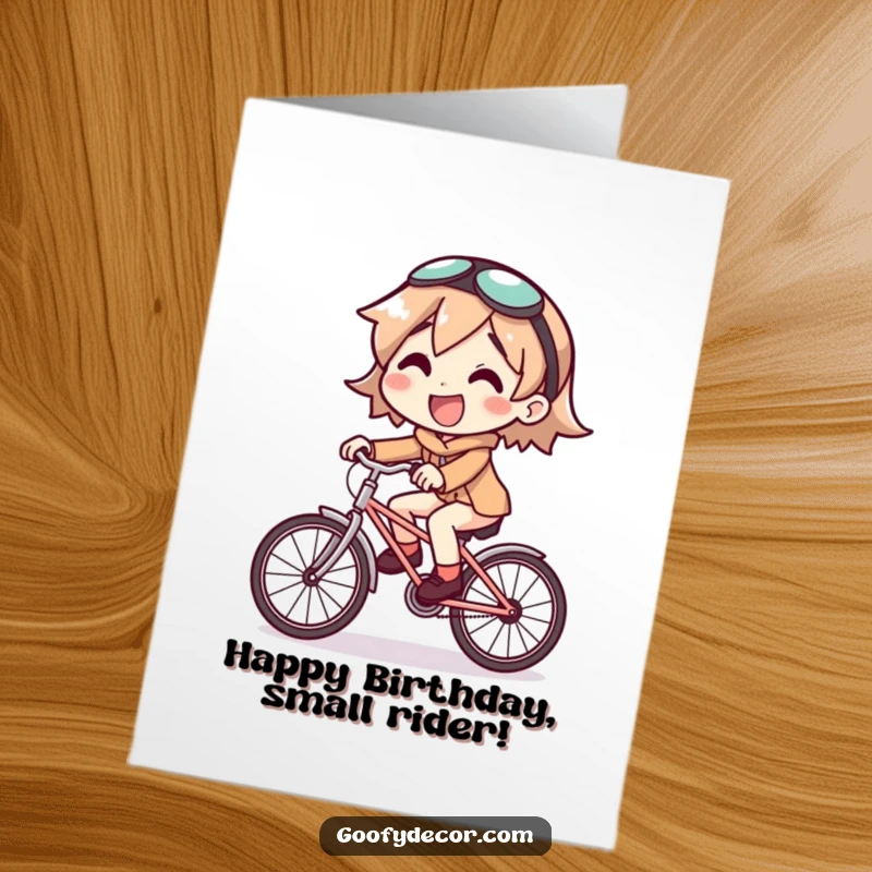 Funny Free Printable Birthday Card: Character joyfully pedals a tiny bicycle, a hilarious DIY gift.
