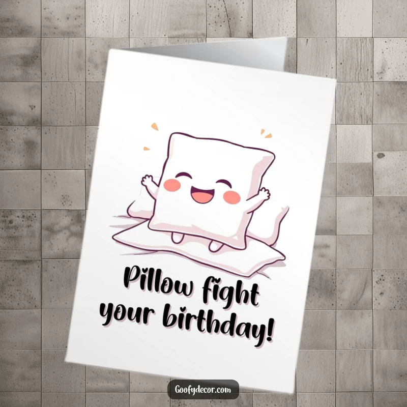 Funny free printable birthday card: Giggling pillow character bouncing joyfully on a bed, spreading uncontrollable birthday mirth.