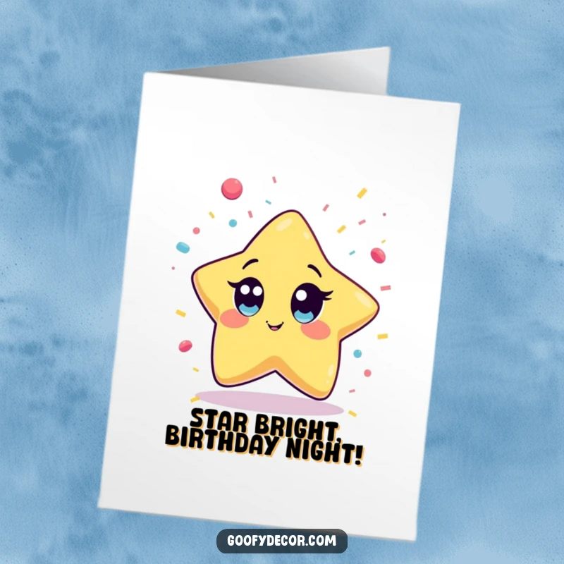 Funny free printable birthday card: A kawaii star with wide eyes playfully reaching for falling confetti, celebrating.
